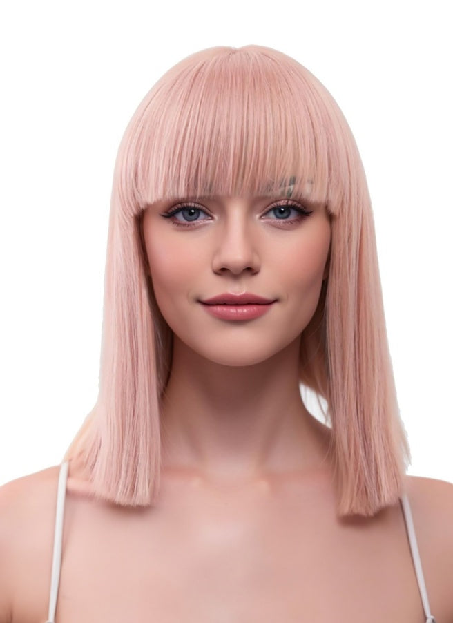 12 Inch Natural Black Short Bob Wigs With Bangs Light Yaki Straight Hair Blunt Cut Glueless Wigs Realistic Look Daily Costume Wig For Women Synthetic Hair Heat Resistant Hair Wigs
